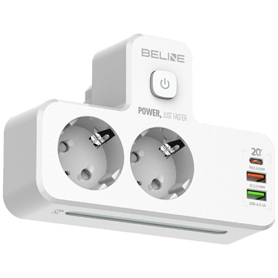 Beline pikendusjuhe LED valgustusega 2xUSB-A/USB-C/2xAC valge