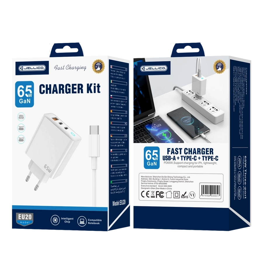 JELLICO võrgulaadija EU20 GaN PD 65W 2xUSB-C + 1xUSB QC3.0 + kaabel USB-C - USB-C valge