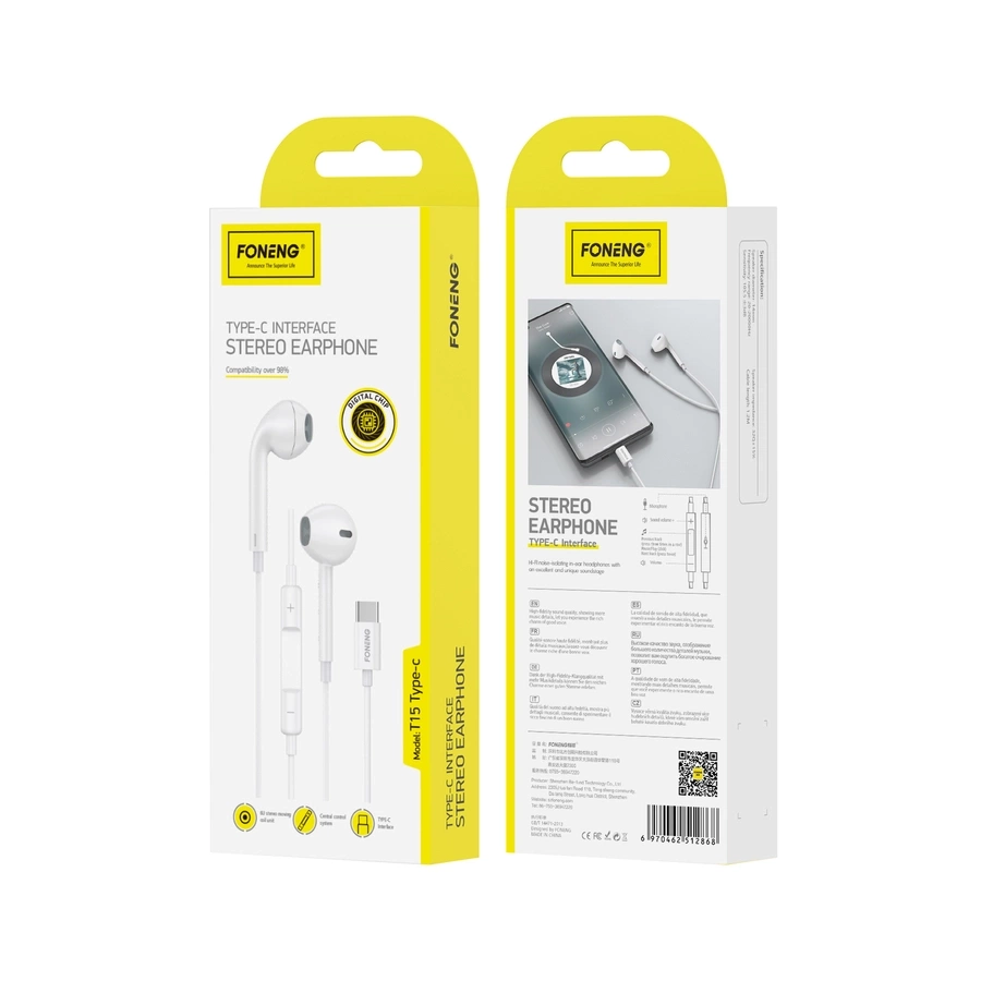 FONENG juhtmega kõrvaklapid T15 USB-C mikrofoniga 1.2M valge