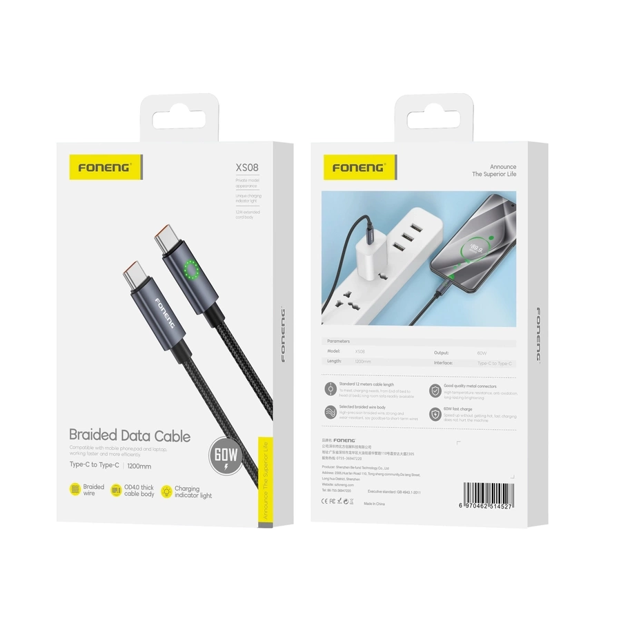 FONENG kaabel XS08 USB-C - USB-C PD 60W 1.2m must