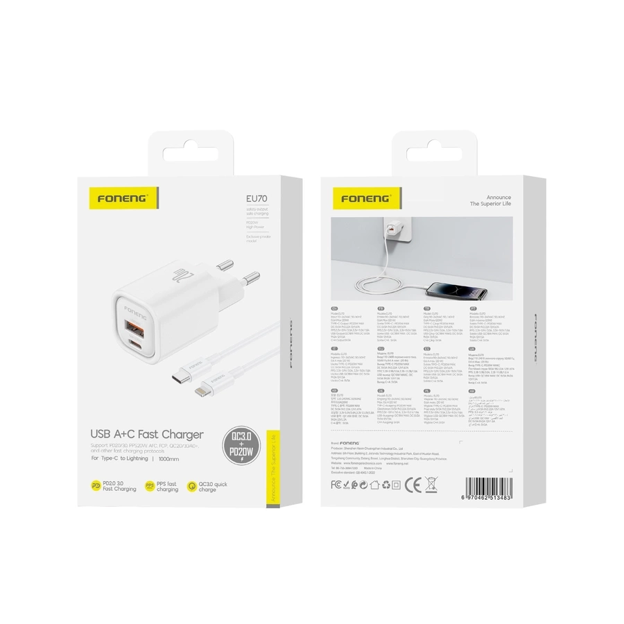 FONENG seinalaadija EU70 PD 20W 1xUSB-C + 1xUSB QC3.0 + kaabel USB-C - Lightning valge
