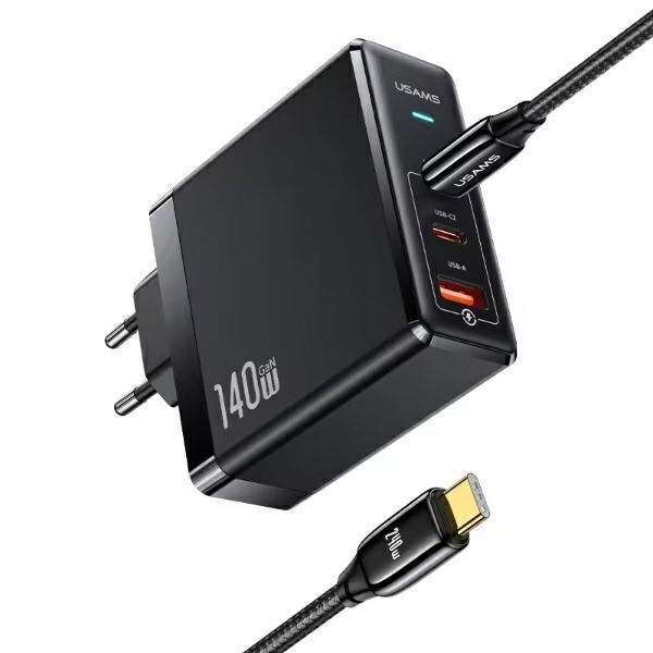 USAMS Võrgulaadija 2xUSB-C+1xUSB T52PD140W PD Fast Charging US-CC168 + kaabel U82 USB-C/USB-C US-SJ581 240W must/black UM Series UMXLOGTC01