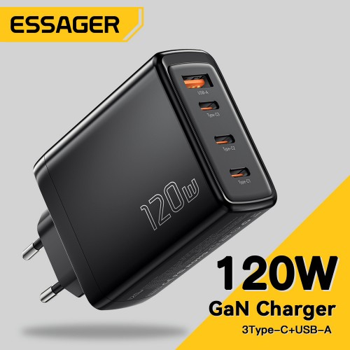 Laadija Essager "GaN Extreme" Must 120W (3xPD / QC3.0)