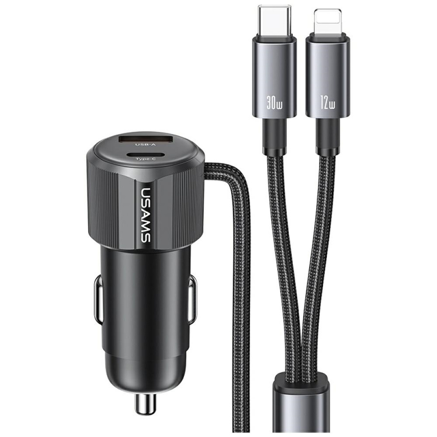 Autolaadija USAMS YT Series CC287 66W 1xUSB-A 1xUSB-C + kabel 2w1 USB-C/Lightning tarnish