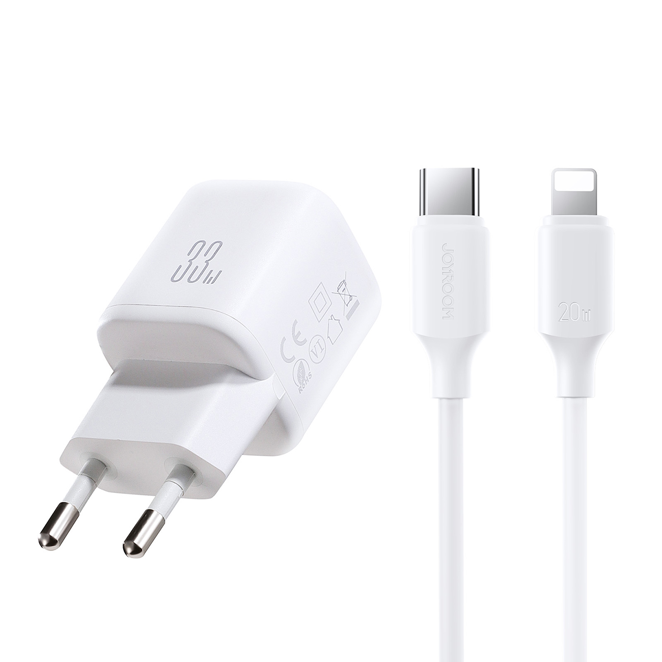 Joyroom JR-TG7 33W USB-A + USB-C seinalaadija 30W USB-C - Lightning 1m kaabliga - valge