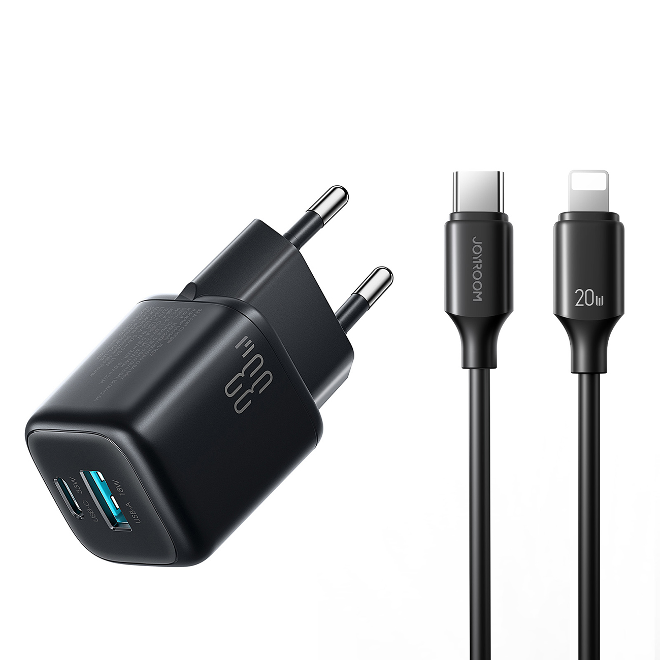 Joyroom JR-TG7 33W USB-A + USB-C seinalaadija 30W USB-C - Lightning 1m kaabliga - must