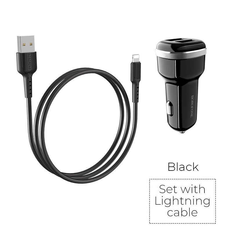Borofone BZ13 Extreme autolaadija 2 USB-A pordiga, 12 W, Lightning-kaabliga, must