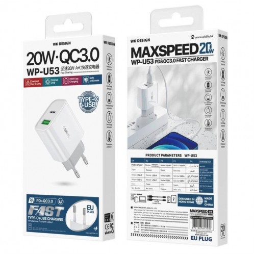 Laadija WK Design "WP-U53" Valge 20W (Ports:"Type-C")