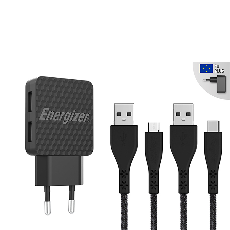 Energizer HardCase - 2x USB-A 12W mains laadija + USB-C & Micro USB kaabel (must)