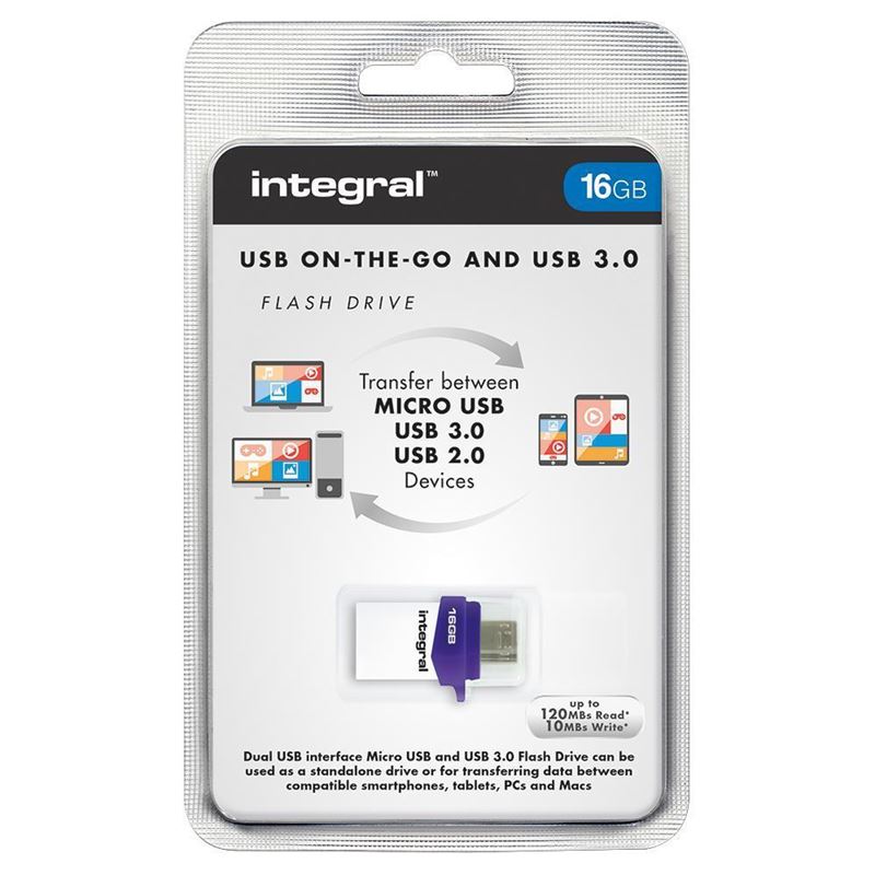 Integral Micro Fusion USB 3.0 OTG mälupulk USB-A ja Micro-USB ühendustega, 16 GB, valge