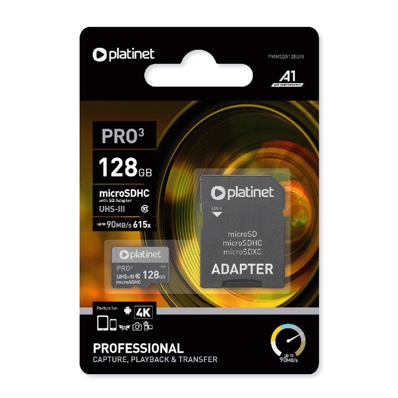 Карта памяти Platinet MicroSD 128GB (class10 UHS-III 90MB/S) + SD адаптер
