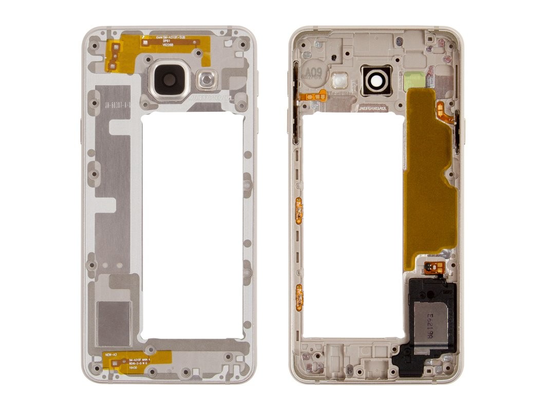 Middle housing Samsung A310 A3 2016 kuldne koos buzzer ja sides buttons original (used Grade B)
