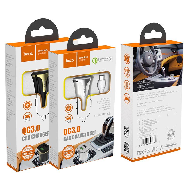 Autolaadija Hoco Z31 USB + "lightning" QuickCharge (3.0A) must