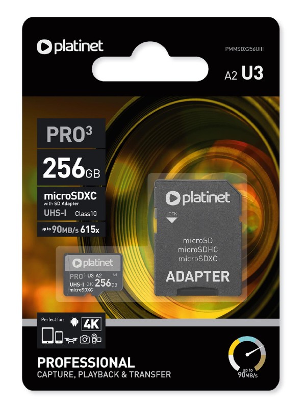Platinet MicroSD mälukaart 256GB class10 UHS-III 90MB/s + SD adapter