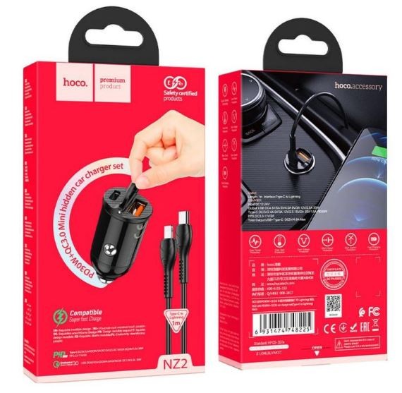 Autolaadija Hoco NZ2 (1xUSB;1xUSB-C; 30W) + kaabel "USB-C(Type-C) to Lightning" must