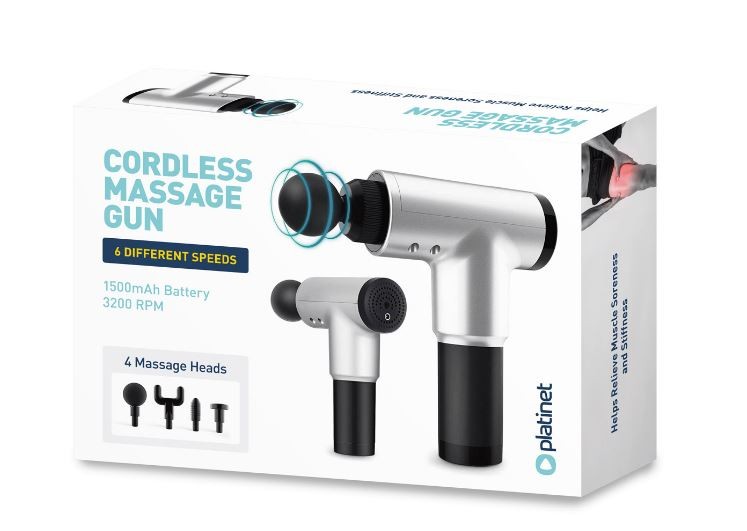 Platinet massaažipüstol (20 W; 1500 mAh; 3200 p/min; 4 massaaživihikut)