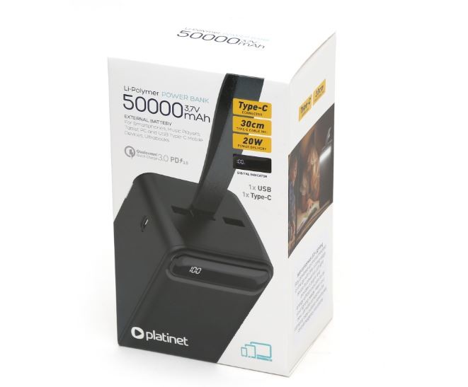 External aku AKUPANK Platinet 50000mAh (1xUSB; 1xType-C; QC3.0 20W) must