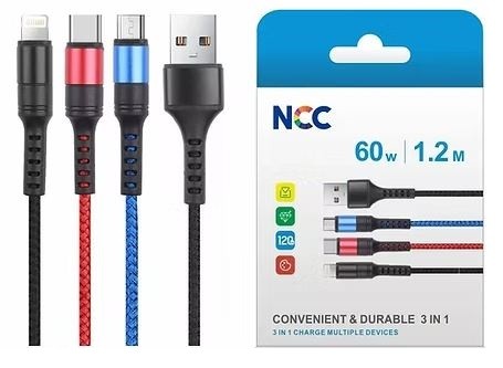 USB kaabel NCC "lightning+micro+USB-C" (60W) 1m must