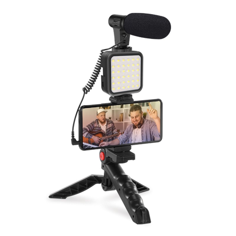 Telefoni hoidja Platinet VLOG 4in1 (mikrofon; led; hoidja) must