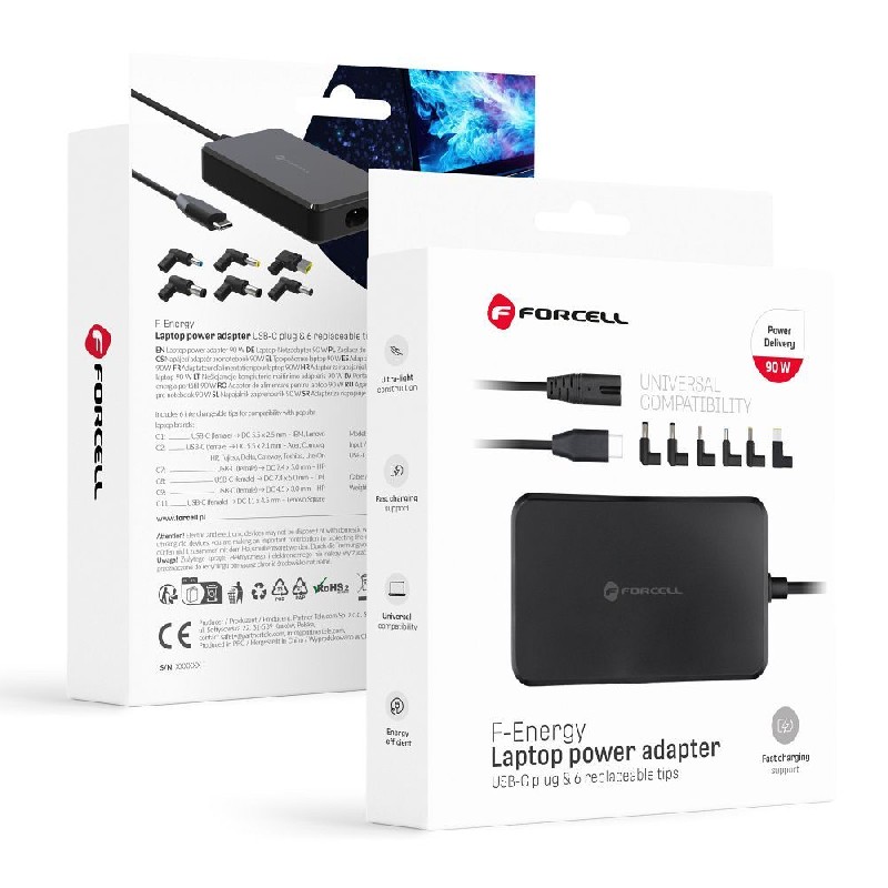 Forcell F-ENERGY E856 universaalne sülearvuti laadija 90W (6 adapterit) must