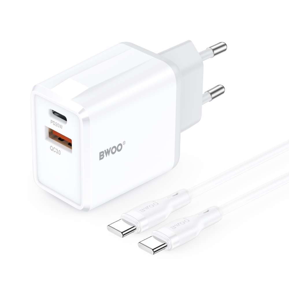 BWOO seina laadija CDA182 QC 38W 1x USB-A + 1x USB-C koos USB-C kaabliga 1 m must