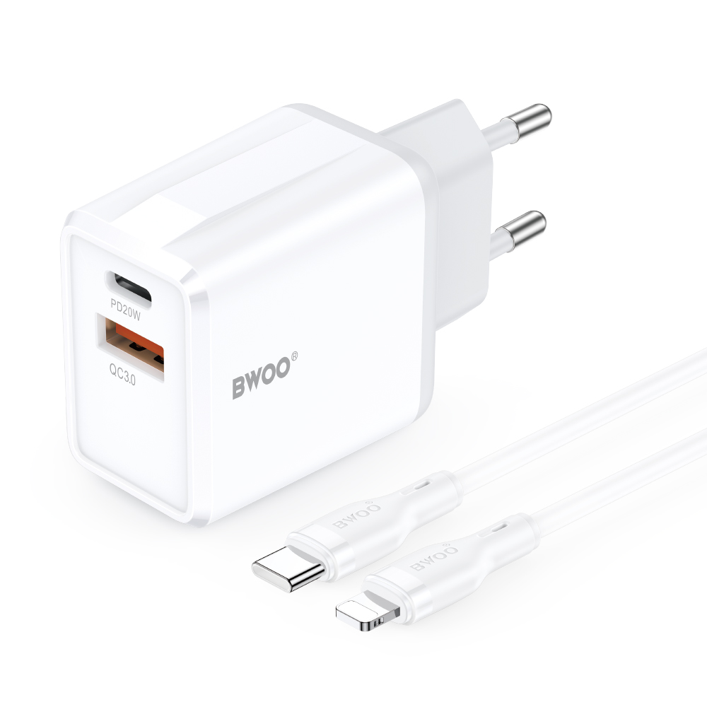 BWOO seina laadija CDA182 QC 38W 1x USB-A + 1x USB-C koos USB-C C-Lightning kaabliga 1 m must