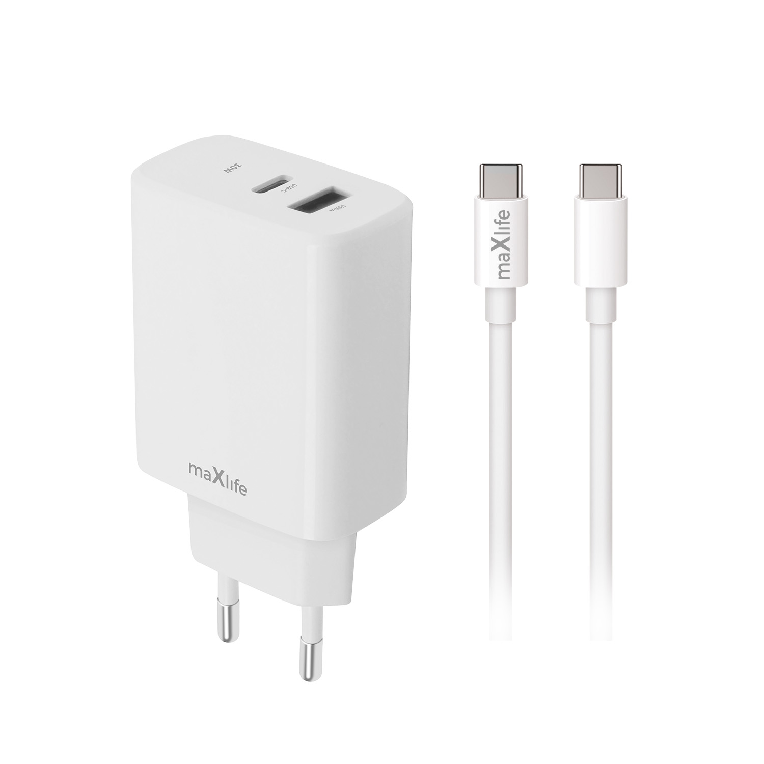 Maxlife MXTC-10-30AC PD QC laadija 1x USB-C 1x USB 30W valge + USB-C - USB-C kaabel 60W