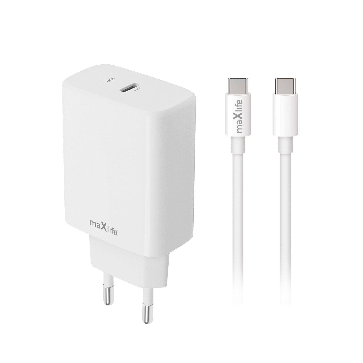 Maxlife MXTC-10-20C PD QC laadija 1x USB-C 20W valge + USB-C - USB-C kaabel 20W