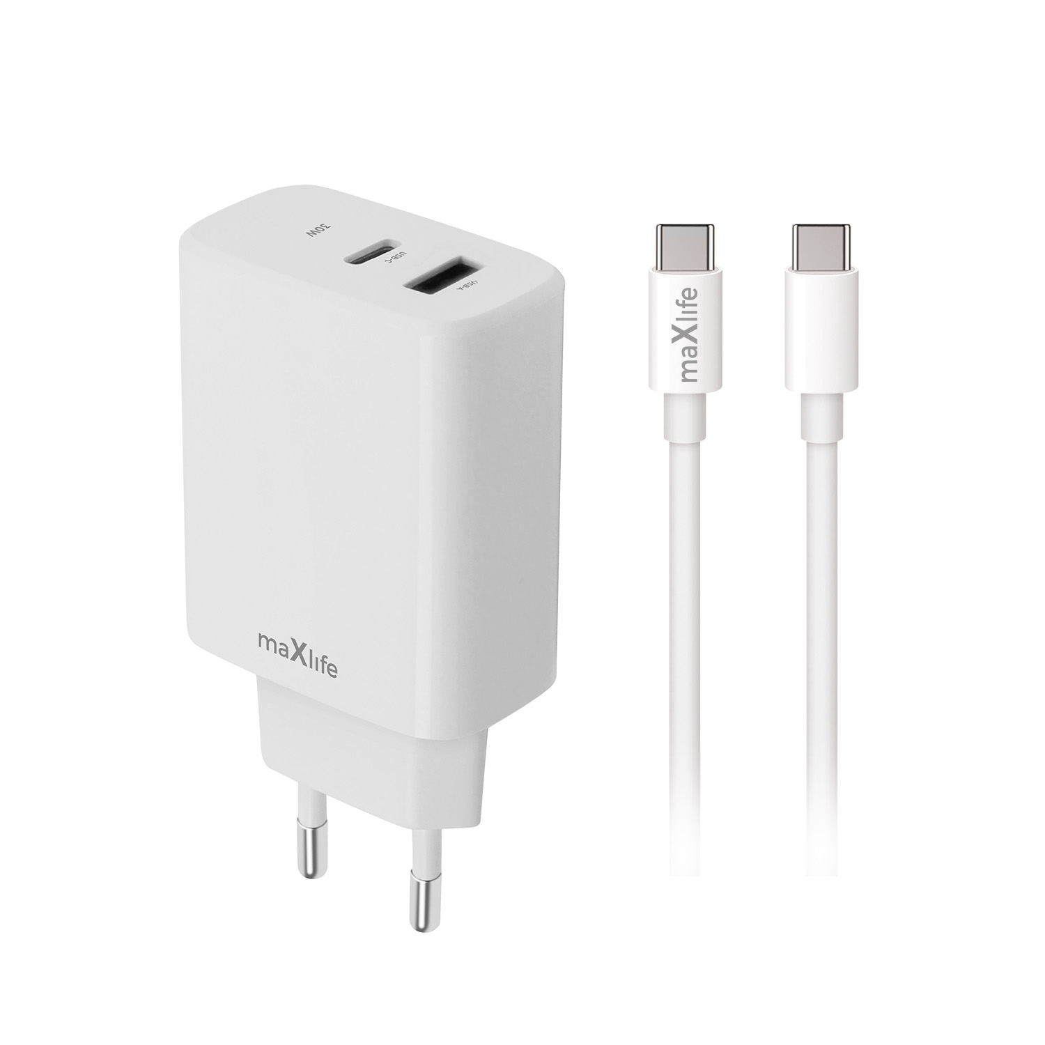 Maxlife MXTC-10-20AC PD QC laadija 1x USB-C 1x USB 20W valge + USB-C - USB-C kaabel 20W