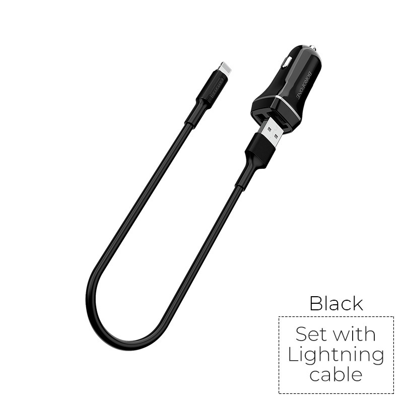 Borofone BZ2 Joyroad autolaadija 2 USB-A pordiga, 12 W, Lightning-kaabliga, must