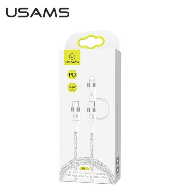 USAMS Kaabel punutud U31 USB-C na USB-C /lightning 60W PD kiirlaadimine valge SJ403USB02 (US-SJ403)