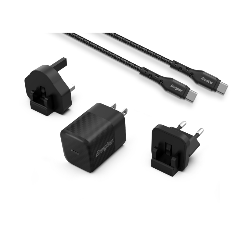 Energizer Ultimate - Multiplug EU / UK / US GaN 20W PD mains laadija + USB-C kaabel (must)