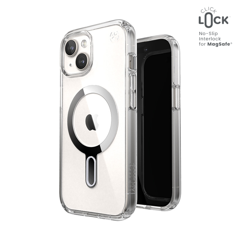 Speck Presidio Perfect-Clear ClickLock & MagSafe - iPhone 17e / 16e / 15 / 14 / 13 ümbris (Clear / Chrome Finish / Serene hõbedane)