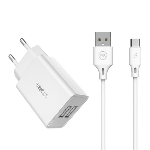 Laadija WK Design WP-U56 valge (pordid: 2xUSB) + Type-C 100cm kaabel