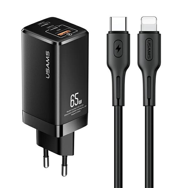 USAMS Võrgulaadija MT 2xUSB-C+USB GaN 65W T33 PD + Kaabel USB-C-Lightning 30W Fast Charging must MTXLOGTL01