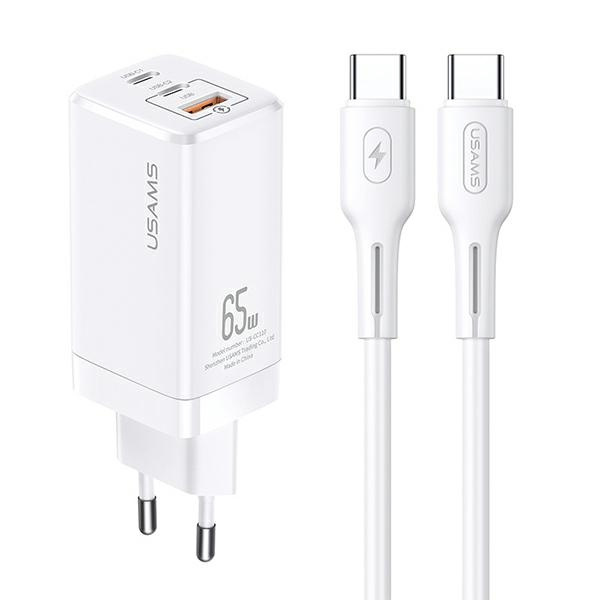 USAMS Võrgulaadija MT 2XUSB-C+USB GAN 65W T33 PD + Kaabel USB-C-USB-C 100W FAST CHARGING valge MTXLOGTC02