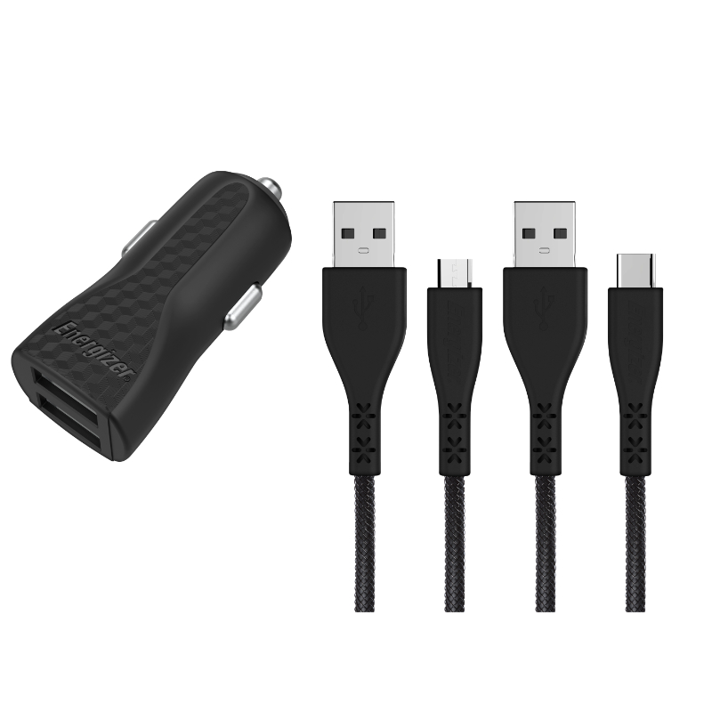 Energizer HardCase DC2BLCMM autolaadija, 2 × USB-A, 2,4 A, USB-C- ja Micro-USB-kaabliga, must