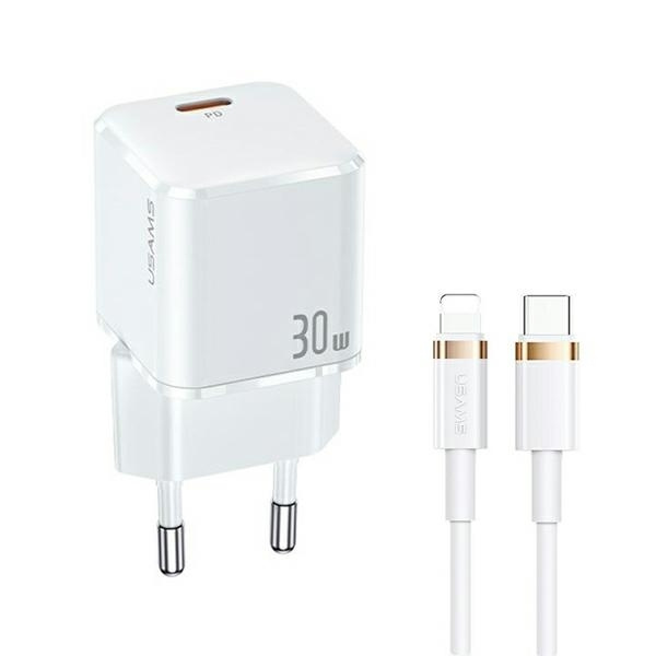 USAMS Võrgulaadija 1xUSB-C T45 30W PD3.0 Fast Charging +kaabel U63 USB-C/Lightning valge UXTZH02 (USAMS-UX)