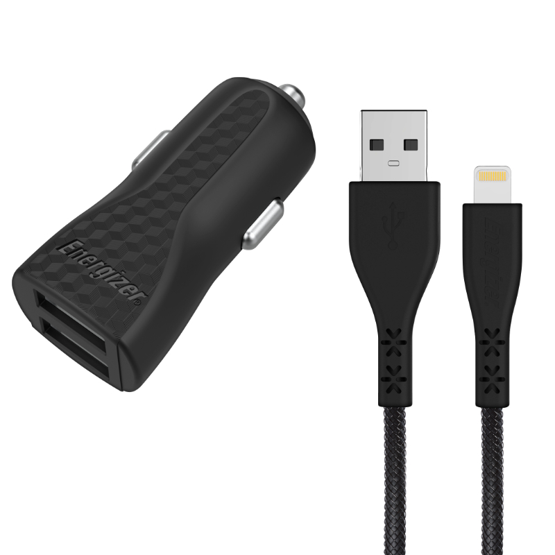 Energizer HardCase DC2CLLIM autolaadija, 2 × USB-A, 17 W / 3,4 A, MFi-sertifikaadiga Lightning-kaabliga, must