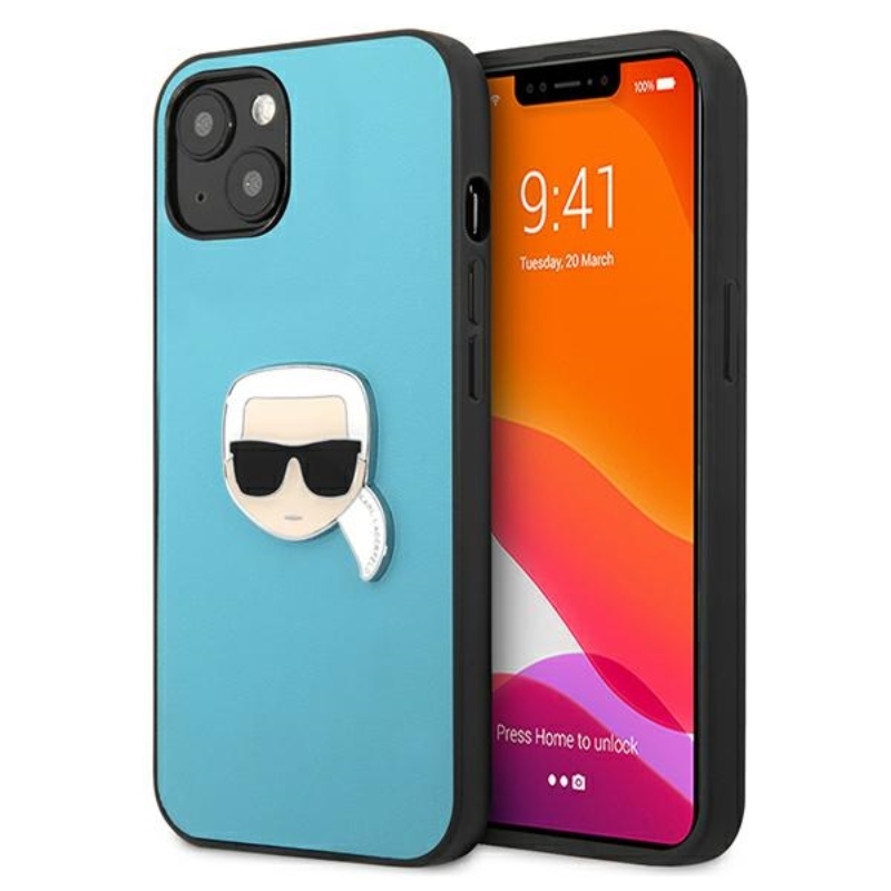 Karl Lagerfeldi nahast Ikonik Karl's Head metallist ümbris iPhone 13 mini jaoks - sinine