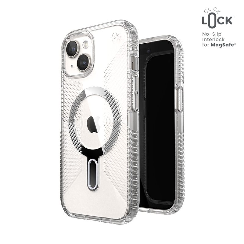 Speck Presidio Perfect-Clear Grip ClickLock & MagSafe - iPhone 17e / 16e / 15 / 14 / 13 ümbris (Clear / Chrome Finish / Serene hõbedane)