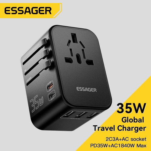 Laadija Essager "Travel Global 1" Must 35W (2xPD / 3xQC3.0) (EU / US / UK)