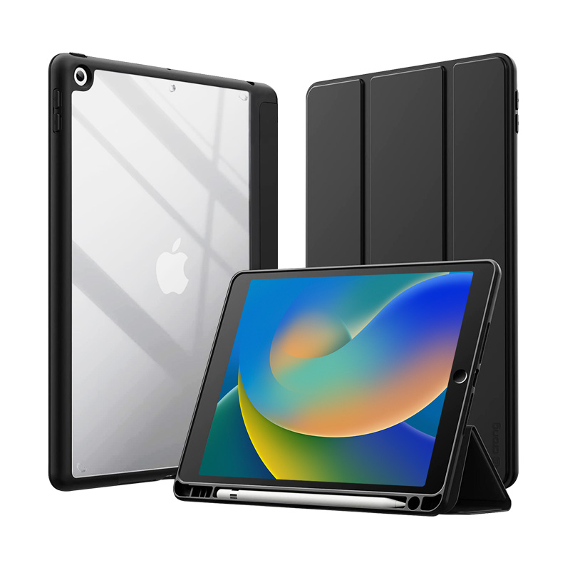 Чехол-книжка Crong PrimeFolio для iPad 10.2" (2019–2021), с подставкой и держателем Apple Pencil, чёрный и прозрачный