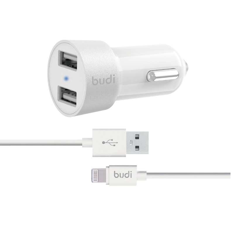 Budi BD622LW autolaadija 2 USB-A pordiga, LED-näidikuga, Lightning-kaabliga