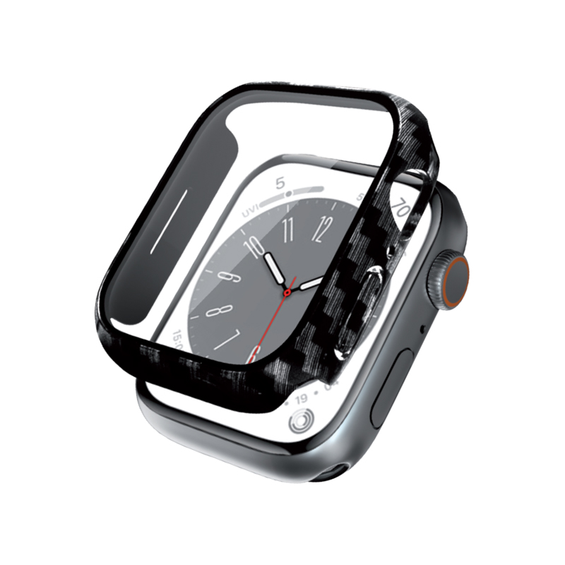 Crong Hybrid Watch Case integreeritud klaasiga kaitseümbris Apple Watch 41 mm kellale, süsinikkiu mustriga