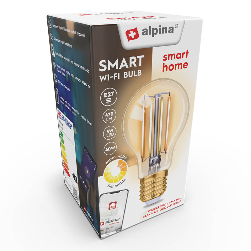 Умная Wi-Fi LED-лампа Alpina, E27, 4,9 Вт, тёплый белый свет