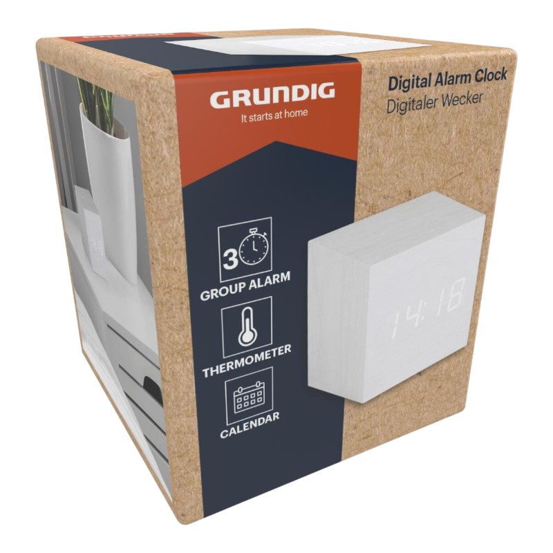 Grundig - Digital LED Alarm Clock with Thermometer and Calendar (White)