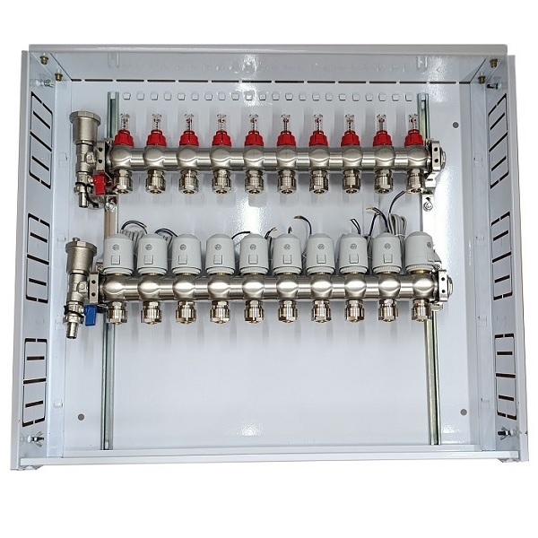 Heating Manifold 10 Loops koos Thermal Actuators NC AC230V ja Flow Meters