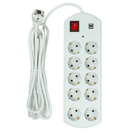 Extension cord 5m, 10 sockets, 2x USB, koos switch