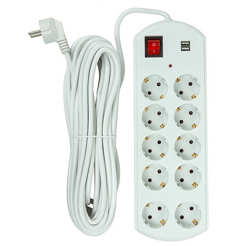 Extension cord 10m, 10 sockets, 2x USB, koos switch